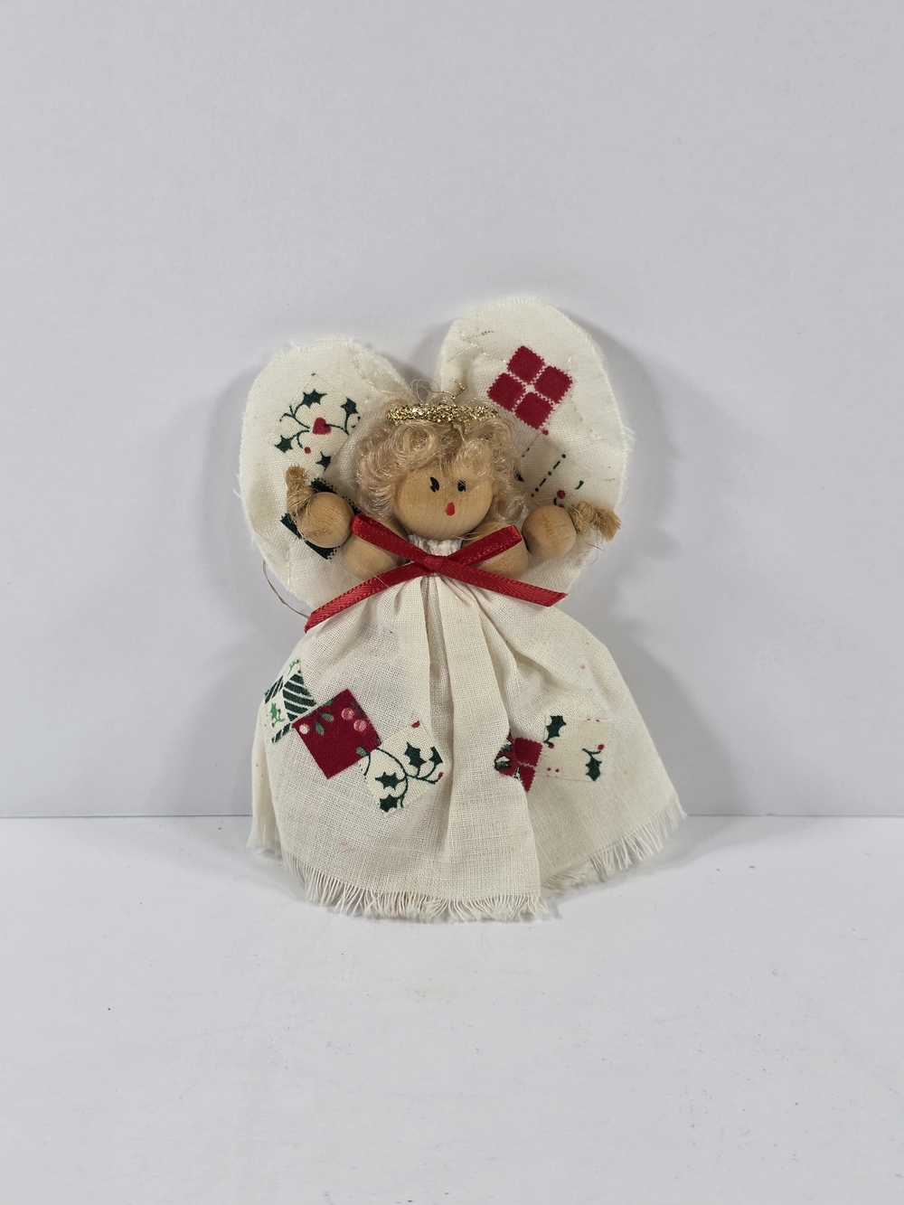 Vintage Quilted Fabric And Wood Patchwork Angel Christmas Ornament
